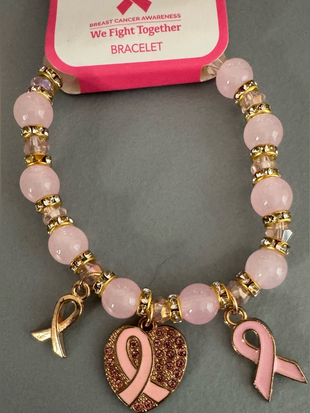 Breast Cancer Awareness Pink Beaded Charm Bracelet - Gold Accents ribbon heart